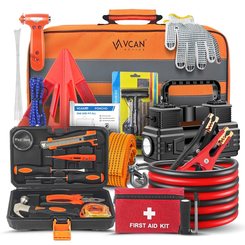 VCAN ACTIVE Car Emergency Kit with Portable Air Compressor First Aid Kit Jumper Cables Roadside Safety Emergency Tool Kit for Women Men Teen - Image 3