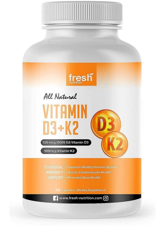 Fresh Nutrition Vegan Vitamin D3 (5000Iu/125Mcg) + Vitamin K2 (100Mcg As Mk7) For Optimal Absorption (90 Capsules 5000Iu Each 3 Month Supply) Plant Based Vitamin D3 K2 Supplement Non Gmo Gluten Free Adults  - Image 1