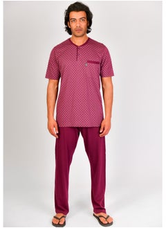 Jet Men Summer Pajama Set Printed Top & Plain Bottom - Burgundy