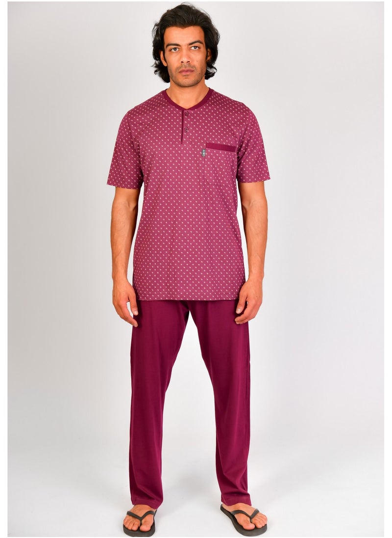 Jet - Jet Men Summer Pajama Set Printed Top & Plain Bottom - Burgundy - Image 1