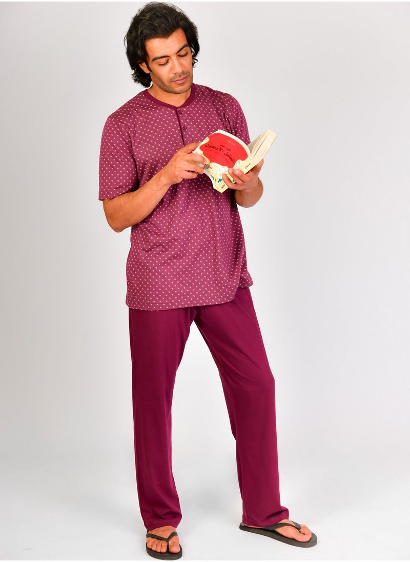 Jet - Jet Men Summer Pajama Set Printed Top & Plain Bottom - Burgundy - Image 1