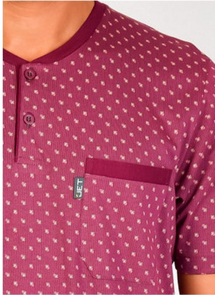 Jet - Jet Men Summer Pajama Set Printed Top & Plain Bottom - Burgundy - Image 1