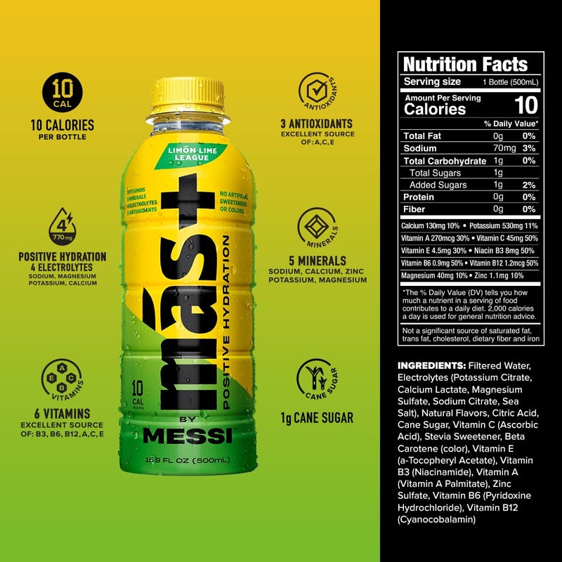 Más+ by Messi 16.9oz Limón Lime League, Sports Drink & Hydration Beverage, Natural Flavors with Vitamins and Electrolytes, No Artificial Sweeteners or Colors, 12-pack - Image 3