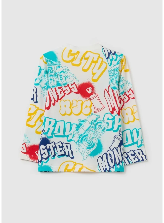 Ovs Cotton T-shirt with print and long sleeves