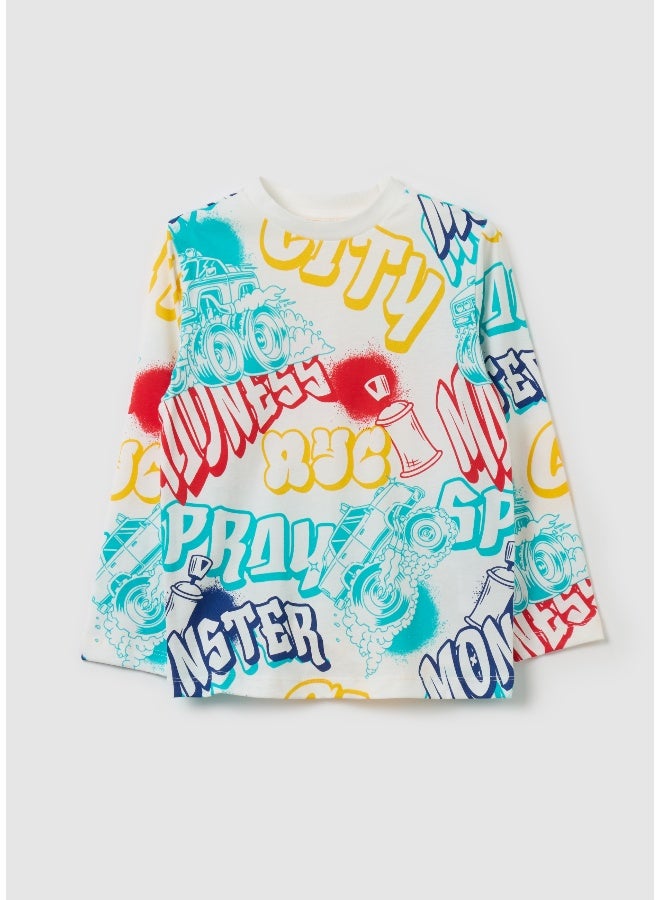 Ovs Cotton T-shirt with print and long sleeves - Image 1