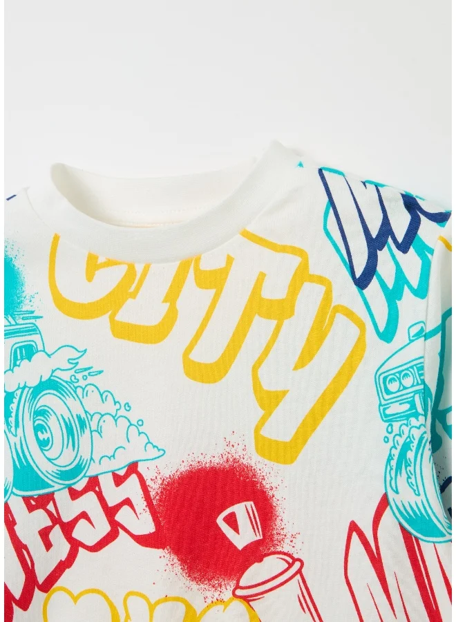Ovs Cotton T-shirt with print and long sleeves