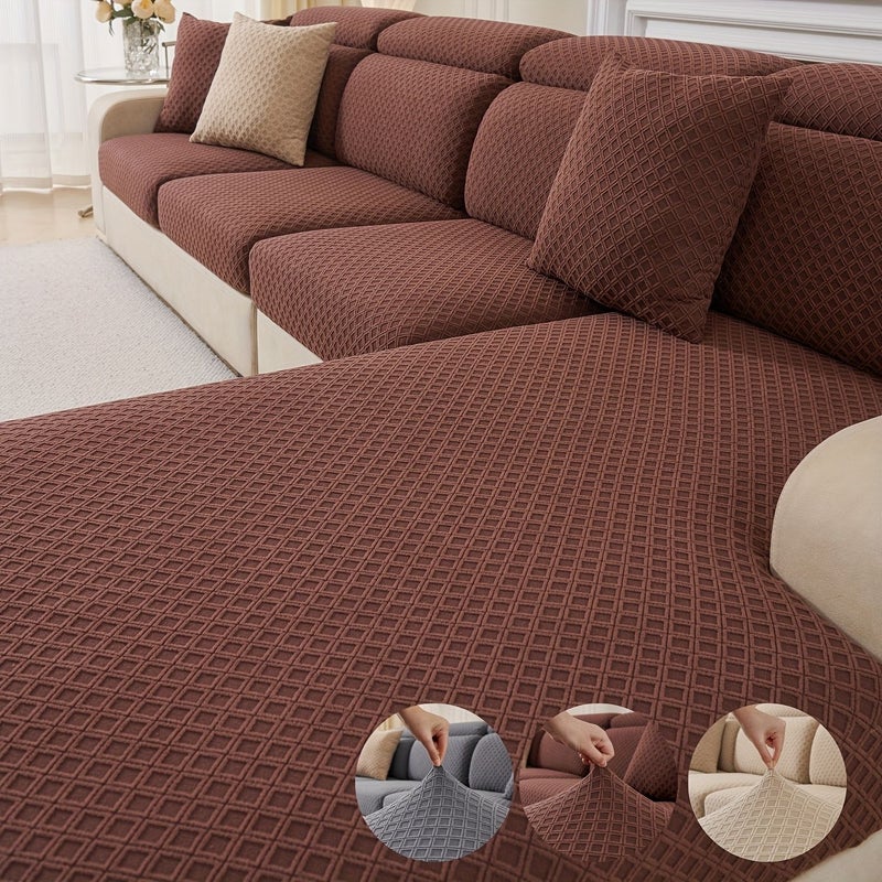 Khaki 1 Fleece Square Elastic Sofa Cover Three Seats Universal Easy Clean Pet Friendly Protector For Recliner Car Seat And Sofa - Image 1