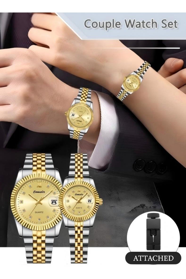 كومودير الفولاذ المقاوم للصدأ حزام زوجين الكوارتز ووتش مجموعة، التناظرية عرض جولة الهاتفي مع أحجار الراين الديكور، الفاخرة مضيئة للماء التقويم ووتش هدية للرجال والنساء - Image 2