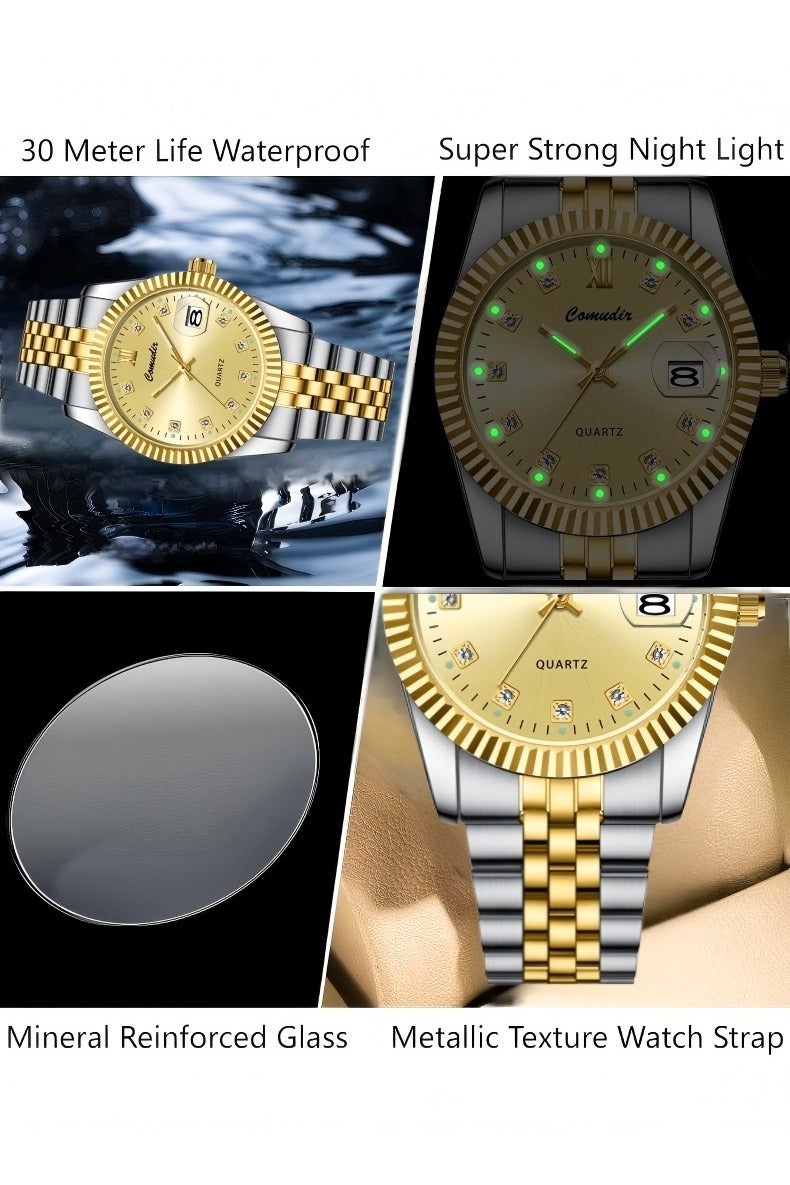 كومودير الفولاذ المقاوم للصدأ حزام زوجين الكوارتز ووتش مجموعة، التناظرية عرض جولة الهاتفي مع أحجار الراين الديكور، الفاخرة مضيئة للماء التقويم ووتش هدية للرجال والنساء - Image 5