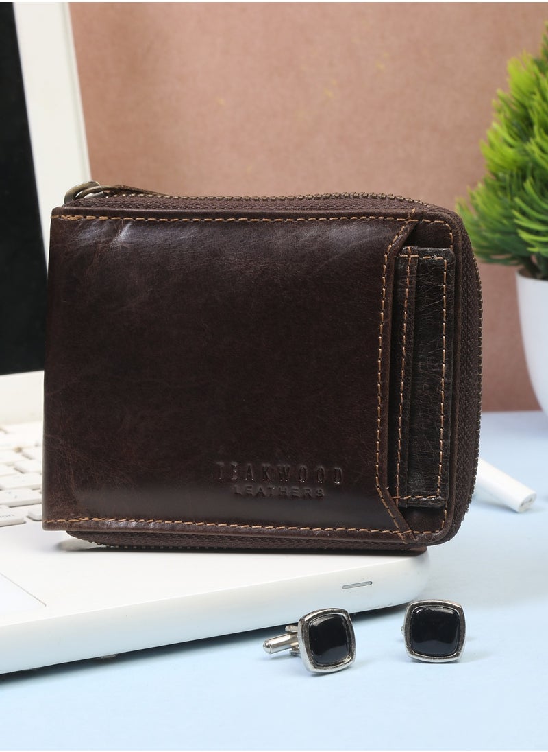 TEAKWOOD - Genuine  Leather RFID Zipper Wallet with Card Holder Brown for Men - Image 1