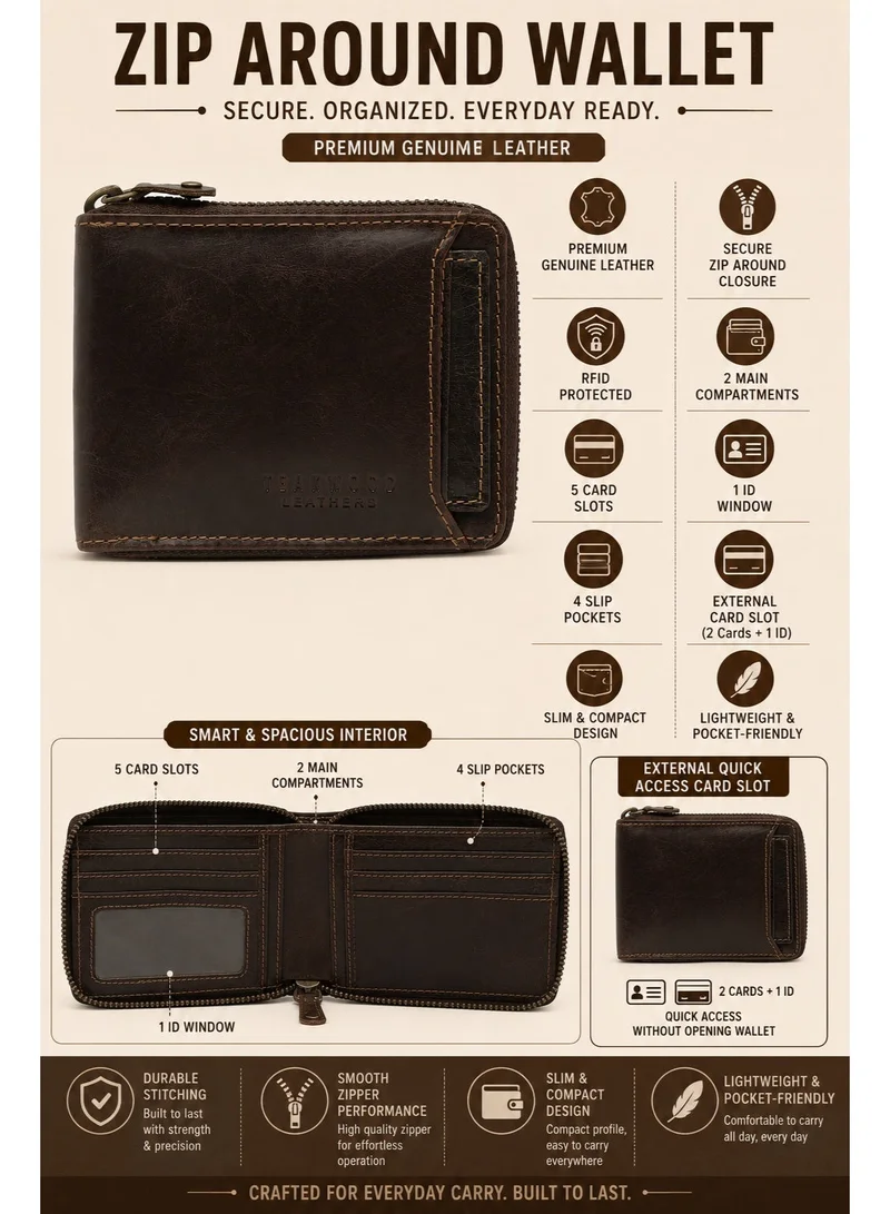 TEAKWOOD Teakwood Leather Genuine Leather Zip Around Wallet for Men | Brown Slim Zip Wallet | 2 Main Compartments | 5 Card Slots | 1 ID Window | 4 Slip Pockets | External Card Slot (2 Cards + 1 ID) | Compact Durable Travel Wallet