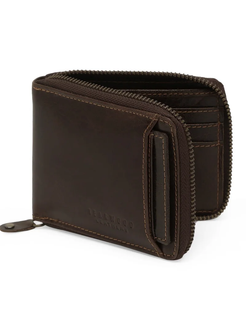 Teakwood Choc Brown Teakwood Leather Genuine Leather Zip Around Wallet for Men | Brown Slim Zip Wallet | 2 Main Compartments | 5 Card Slots | 1 ID Window | 4 Slip Pockets | External Card Slot (2 Cards + 1 ID) | Compact Durable Travel Wallet for Men | Best Price UAE