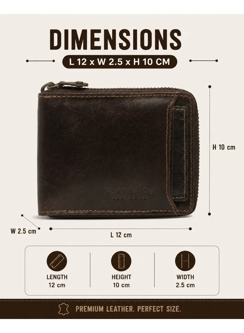 Teakwood Choc Brown Teakwood Leather Genuine Leather Zip Around Wallet for Men | Brown Slim Zip Wallet | 2 Main Compartments | 5 Card Slots | 1 ID Window | 4 Slip Pockets | External Card Slot (2 Cards + 1 ID) | Compact Durable Travel Wallet for Men | Best Price UAE