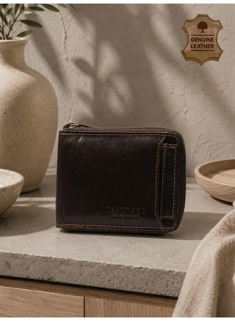 TEAKWOOD Teakwood Leather Genuine Leather Zip Around Wallet for Men | Brown Slim Zip Wallet | 2 Main Compartments | 5 Card Slots | 1 ID Window | 4 Slip Pockets | External Card Slot (2 Cards + 1 ID) | Compact Durable Travel Wallet
