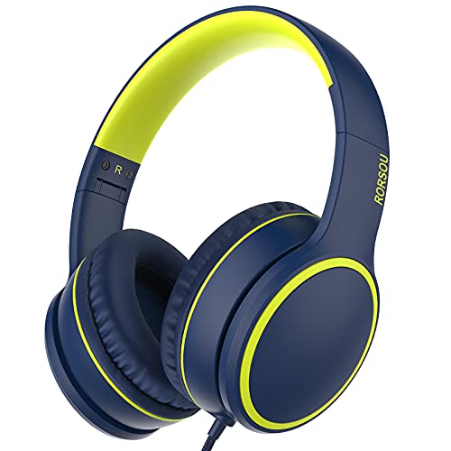 RORSOU R10 Over-Ear Headphones with Microphone, Lightweight Folding Stereo Bass Headset with 1.5M No-Tangle Cord, Portable Wired Headphones for Smartphone Tablet Computer MP3 / 4 (Blue) - Image 1