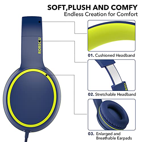 RORSOU R10 Over-Ear Headphones with Microphone, Lightweight Folding Stereo Bass Headset with 1.5M No-Tangle Cord, Portable Wired Headphones for Smartphone Tablet Computer MP3 / 4 (Blue) - Image 4