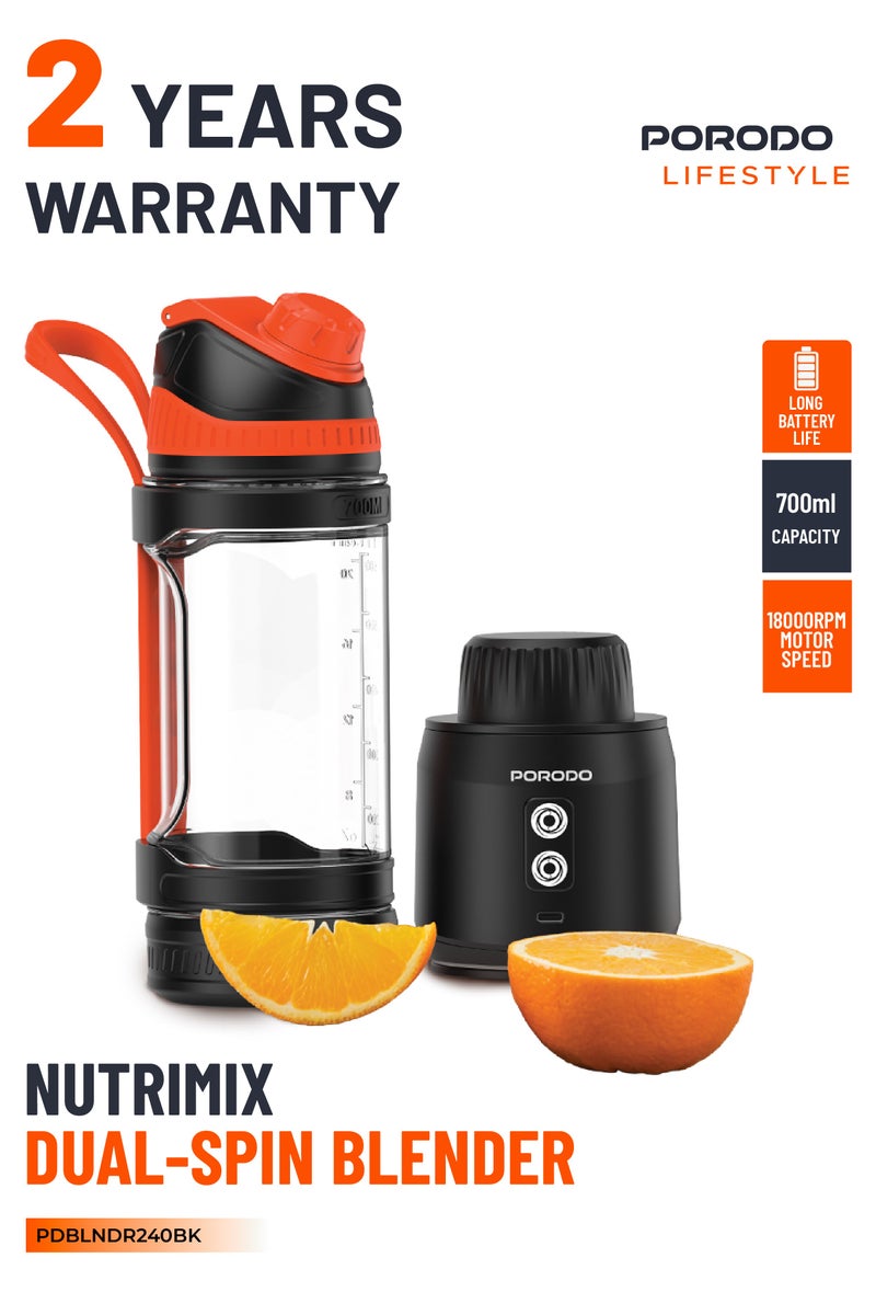 بورودو خلاط نيوتريميكس ثنائي الدوران سعة 700 مل مع وعاء تريتان وغطاء شفرة آمن / بطارية قابلة لإعادة الشحن 6000 مللي أمبير في الساعة / شفرة من الفولاذ المقاوم للصدأ / تقنية الدوران المزدوج - أسود - Image 1