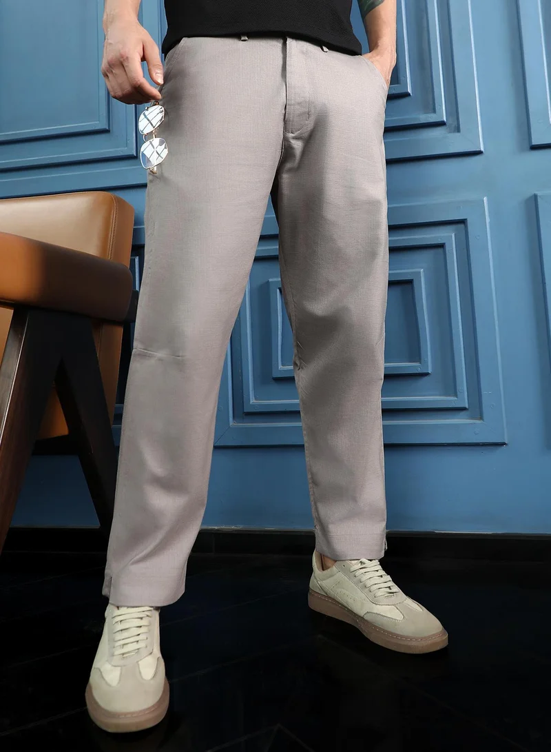 Campus Sutra Men Linen-Blend Chino Trousers | Mid-Rise, Tailored-Fit | Button Closure, Straight Hem | Solid Plain | Woven Fabric For Office & Casual Wear | Coin Grey