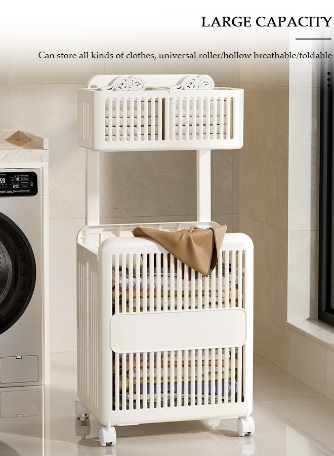 DUNISO 2-Tier Collapsible Laundry Basket, Rolling Laundry Hamper， Foldable Dirty Clothes Hamper with Wheels and Handle, Versatile Portable Storage Basket for Bedroom, Bathroom, Ultra Thin Toys Storage - Image 3