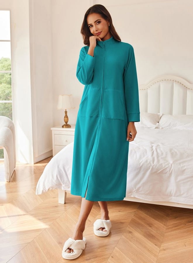 Ekouaer Women Zipper Robe Long Sleeves House Coat Soft Fleece Bathrobe Sleepwear with Pockets Housecoat Loungewear Teal Medium - Image 5