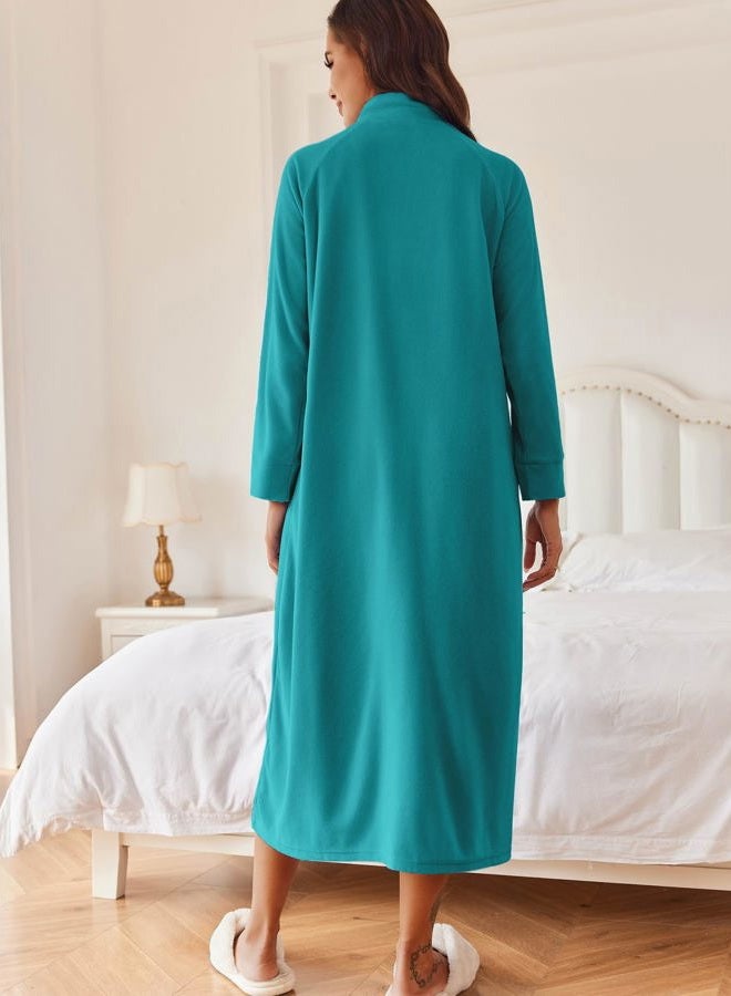 Ekouaer Women Zipper Robe Long Sleeves House Coat Soft Fleece Bathrobe Sleepwear with Pockets Housecoat Loungewear Teal Medium - Image 2