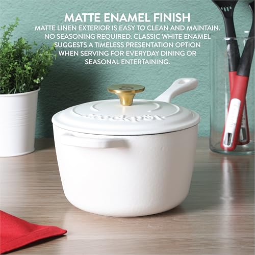 Crock-Pot 3-Quart European Enameled Cast Iron Saucepan with Lid – Matte Linen White, Durable Oven Safe Cookware - Image 4