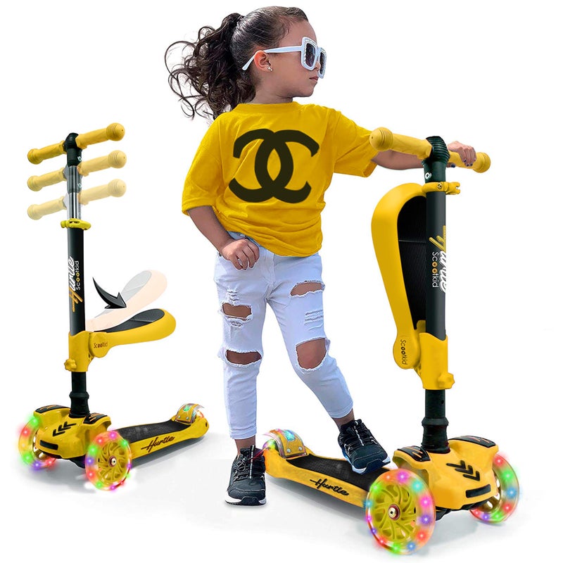 Hurtle Kids Scooter - Child Toddler Kick Scooter Toy with Foldable Seat - 3 Wheel Scooter with Adjustable Height, Anti-Slip Deck, Flashing Wheel Lights, for Boys/Girls 1-12 Year Old - Image 1