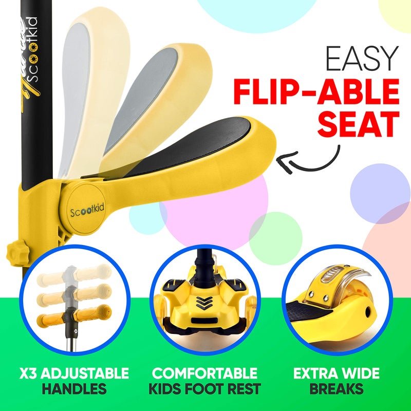 Hurtle Kids Scooter - Child Toddler Kick Scooter Toy with Foldable Seat - 3 Wheel Scooter with Adjustable Height, Anti-Slip Deck, Flashing Wheel Lights, for Boys/Girls 1-12 Year Old - Image 5