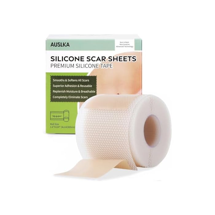AUSLKA Silicone Scar Sheets(1.6"x 120" Roll-3M), Silicone Scar Tape, Scar Strips, Professional Silicone Scar Tape for C-Section, Tummy Tuck, Keloid, and Scar Patch