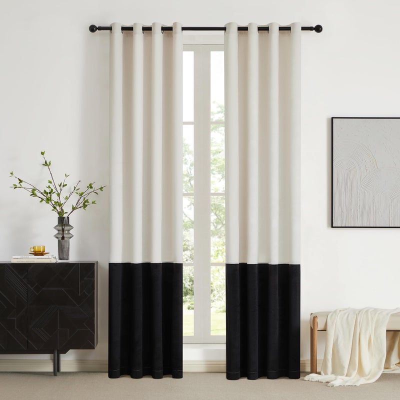 BULBUL Cream 100% Full Blackout Velvet Curtains,84 inches Long Ivory Black Modern Liner Curtains Thermal Drapes Panels for Living Room Bedroom Grommet Set of 2 - Image 4