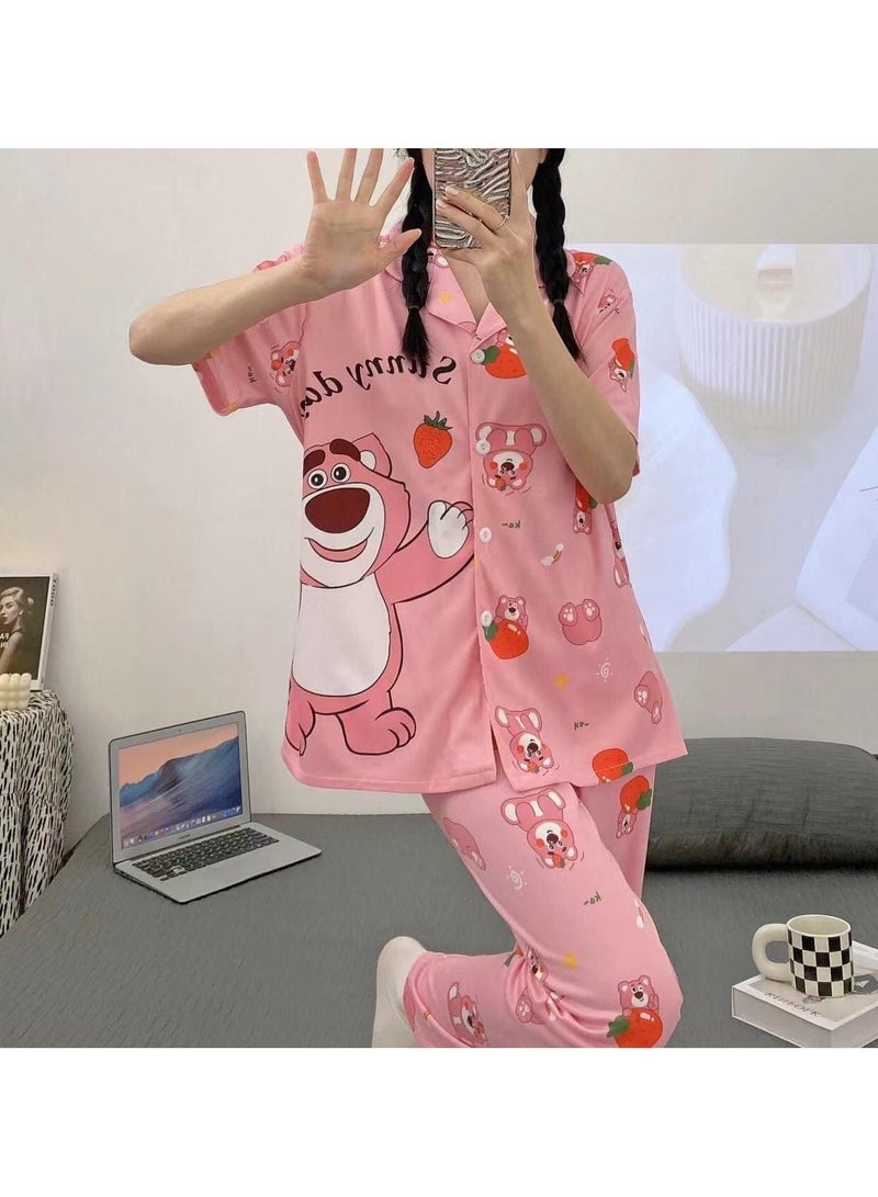 DubaiGallery Satin Pajamas Cute Pijama Nightie Sleepwear Fall Home Clothes Tops and Pants Women's Silk Pajamas Mickey Mouse Pajama Set Women