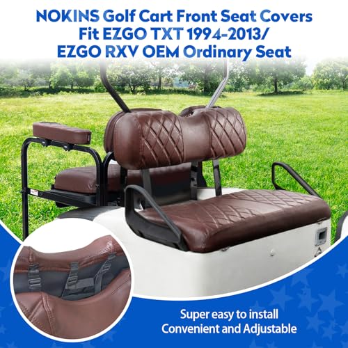 NOKINS Golf Cart Seat Covers for EZGO TXT 1994-2013/EZGO RXV, Vinyl Front&Rear Seat Cover with Flip-Up Armrests kit, with Cup Holder, for 1" Square Tube (Brown&Brown 8438) - Image 2