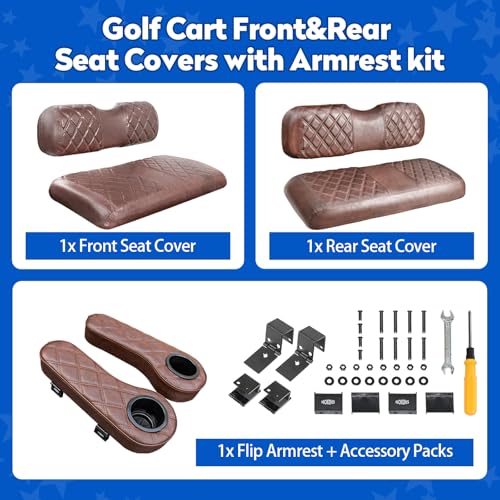 NOKINS Golf Cart Seat Covers for EZGO TXT 1994-2013/EZGO RXV, Vinyl Front&Rear Seat Cover with Flip-Up Armrests kit, with Cup Holder, for 1" Square Tube (Brown&Brown 8438) - Image 5