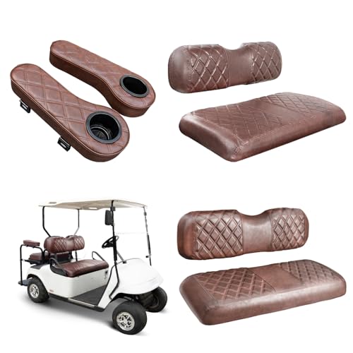 NOKINS Golf Cart Seat Covers for EZGO TXT 1994-2013/EZGO RXV, Vinyl Front&Rear Seat Cover with Flip-Up Armrests kit, with Cup Holder, for 1" Square Tube (Brown&Brown 8438) - Image 1
