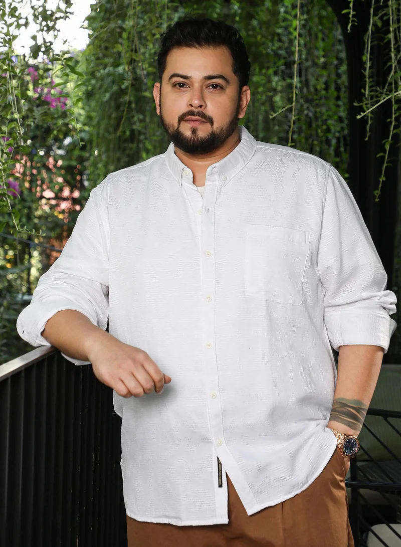 انستافاب بلس قميص رجالي جاكار ذاتي التجريد بياقة بأزرار وأكمام طويلة بأزرار، إغلاق بأزرار، حاشية منحنية، جاكار سادة، نسيج منسوج للمقاسات الكبيرة، ملابس كاجوال ويومية، أبيض