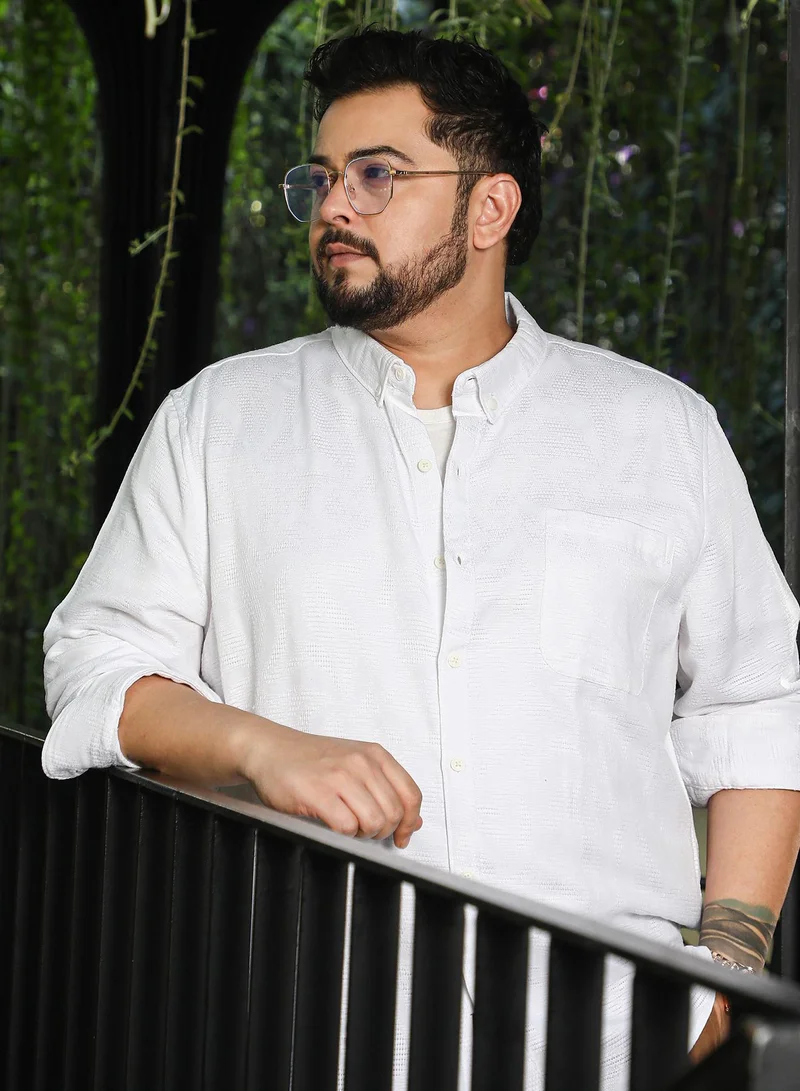 Men Self-Abstract Jacquard Shirt | Button-Down Collar, Long Button-Cuff Sleeves | Button Closure, Curved Hem | Solid Jacquard | Woven Fabric For Plus Size Casual & Daily Wear | White