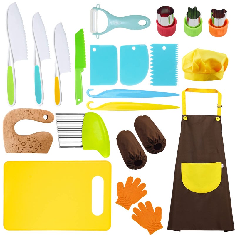 RISICULIS 21 Pieces Toddler Knife Kids Knife Set Includes Wood Kids Safe Knife Plastic Toddler Knife Cutting Board Apron Chef Hat Y Peeler Crinkle Cutter Cake Scraper Gloves Sandwich Cutter