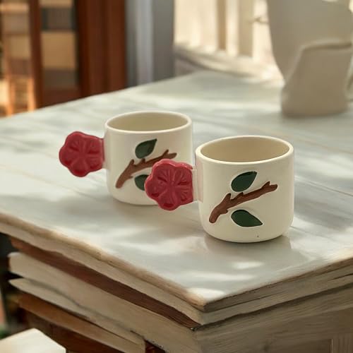 BACKKSPACE RETAIL Ceremic Coffee Tea Mugs-Set of 2 | Unique Handpainted Red Flower Handle -250ml Each - for Corporate Offices, Return Gifts, Deskware - Image 2