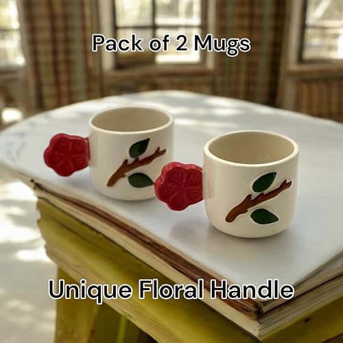 BACKKSPACE RETAIL Ceremic Coffee Tea Mugs-Set of 2 | Unique Handpainted Red Flower Handle -250ml Each - for Corporate Offices, Return Gifts, Deskware - Image 3