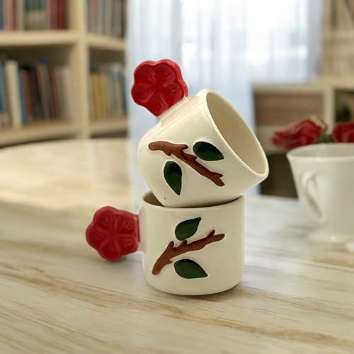 BACKKSPACE RETAIL Ceremic Coffee Tea Mugs-Set of 2 | Unique Handpainted Red Flower Handle -250ml Each - for Corporate Offices, Return Gifts, Deskware - Image 1
