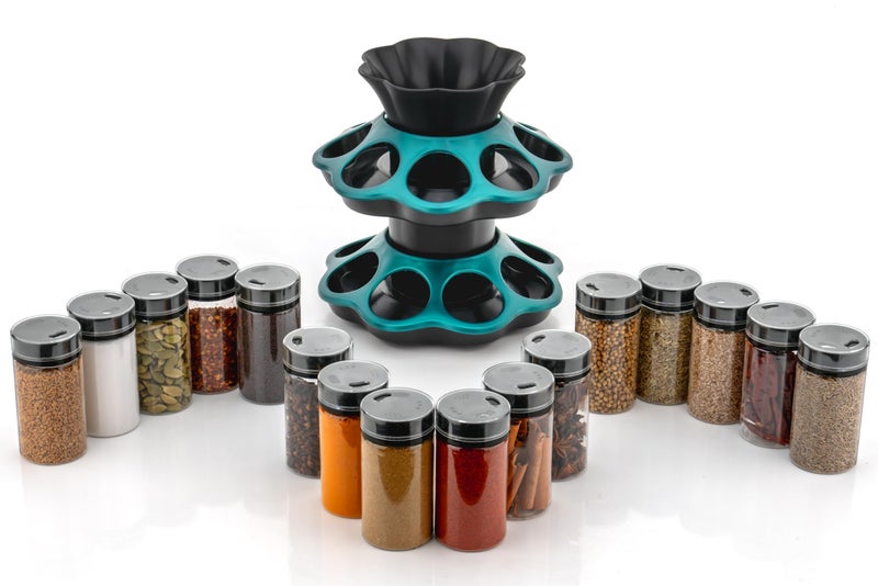 RUSHIL WERE Multipurpose Plastic Revolving Spice Rack 16 in 1 | 360° Masala Rack Set | Unbreakable | Detachable Parts | Airtight Seal | Glass | Blue-Black - Image 3