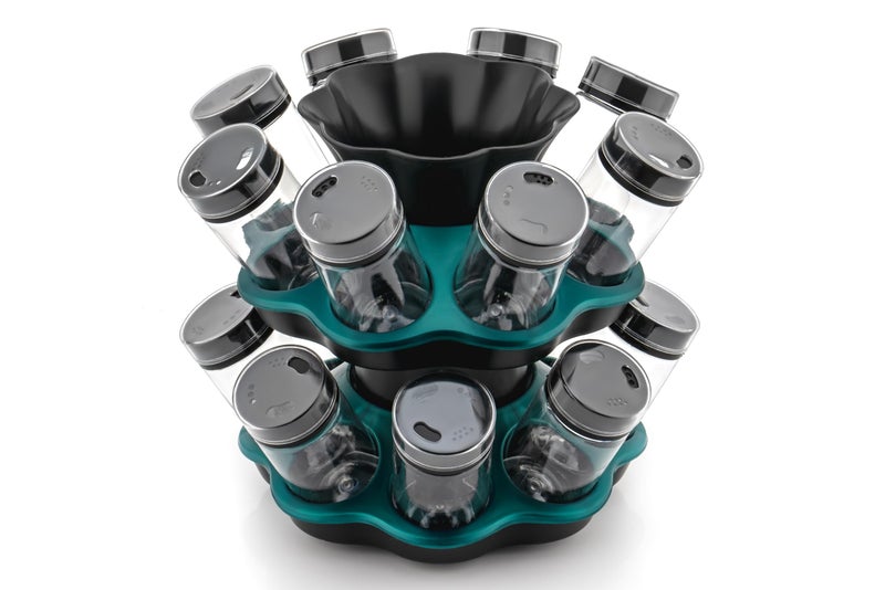 RUSHIL WERE Multipurpose Plastic Revolving Spice Rack 16 in 1 | 360° Masala Rack Set | Unbreakable | Detachable Parts | Airtight Seal | Glass | Blue-Black - Image 1