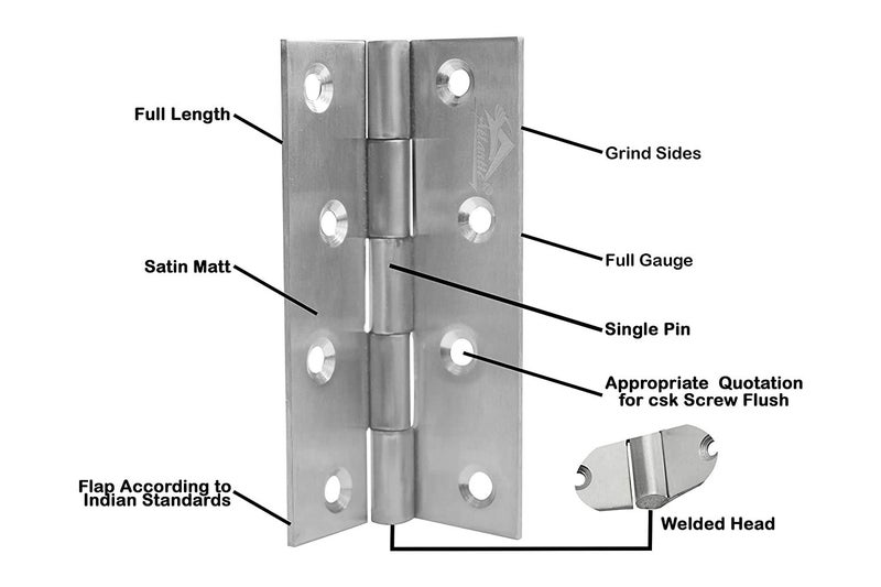 Atlantic Atlantic Door Butt Hinges 5 inch x 114 x 12 Gauge25 mm Thickness Stainless Steel Satin matt Finish Pack of 12 Piece  - Image 3