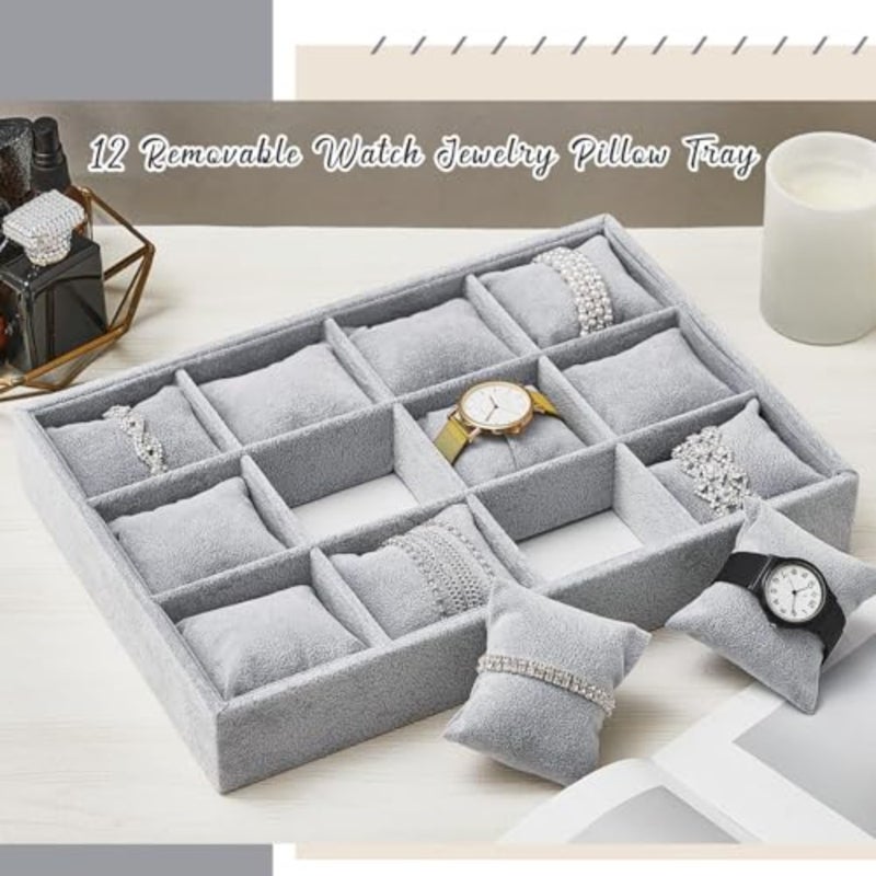 Velvet Watch Tray, 2 Pieces, Jewelry Organizer, Stackable, Bracelet, Adjustable Stand, 12 Grid, Engineered Wood - Image 4
