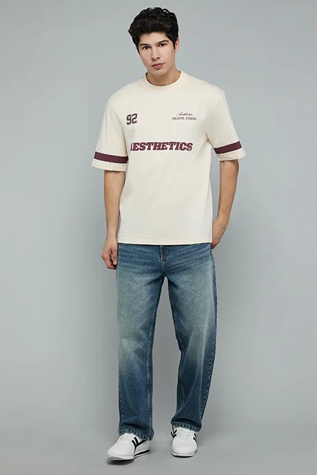 R&B Typography Print T-Shirt with Crew Neck and Short Sleeves