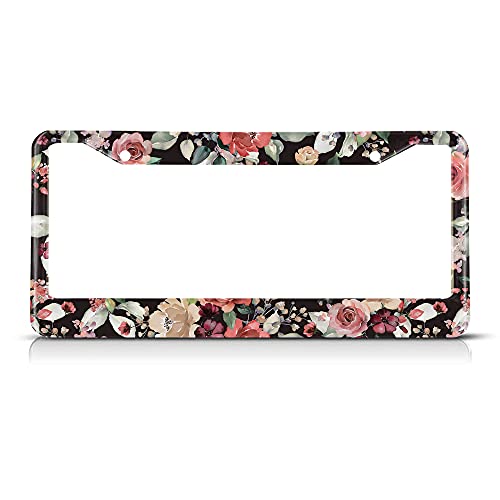 Beabes Watercolor Rose License Plate Frame Auto Tag Frames Vintage Flowers License Plates Holder 2 Holes Pink Cream Colorful Decorative Car Truck Motorcycle License Plates Tag for Men Women - Image 1