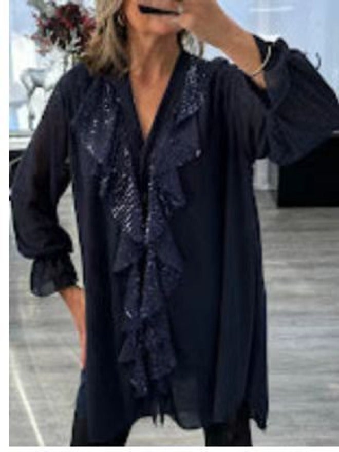 Women's V-Neck Long Sleeve Chiffon Mid-Length Shirt with Sequin Trim - Loose Fit, Solid Color, 2024 Winter Style