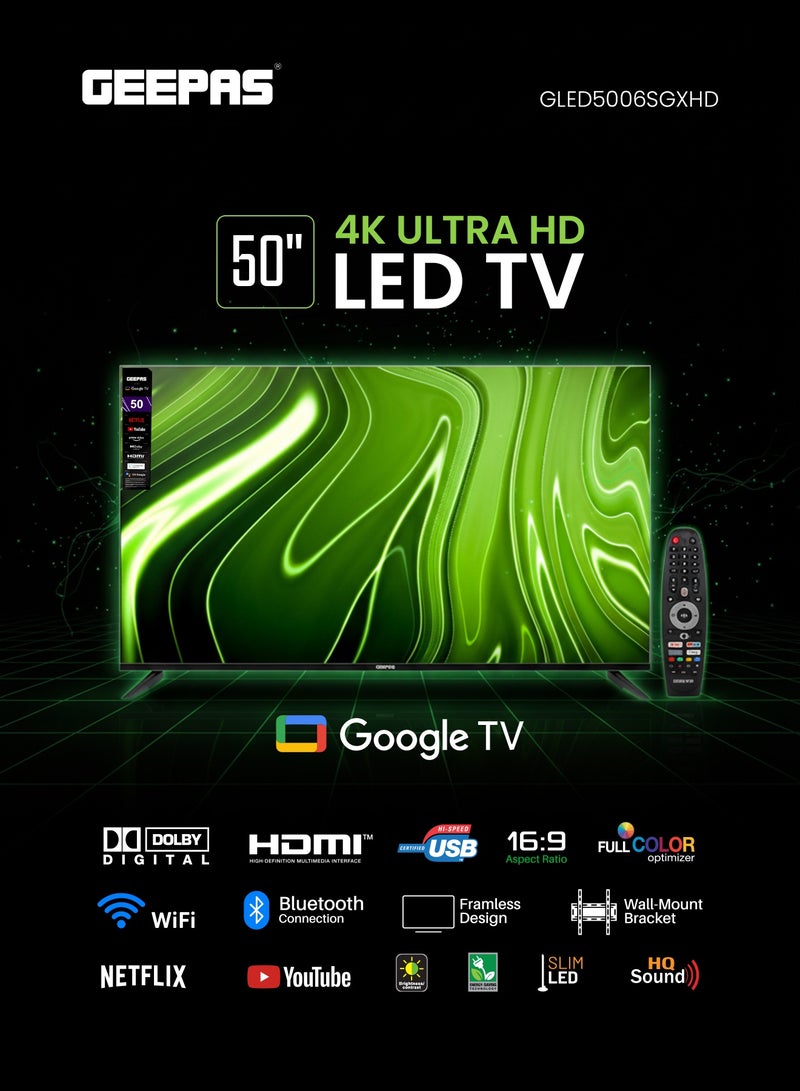 GEEPAS 50" Google TV- GLED5006SGXHD | Dolby Audio, Ultra HD LED TV, Built In Chromecast | With Remote Control, HDMI and USB Ports| Licensed Contents and Pre Installed Apps, Wi Fi and Screen Sharing - Image 2