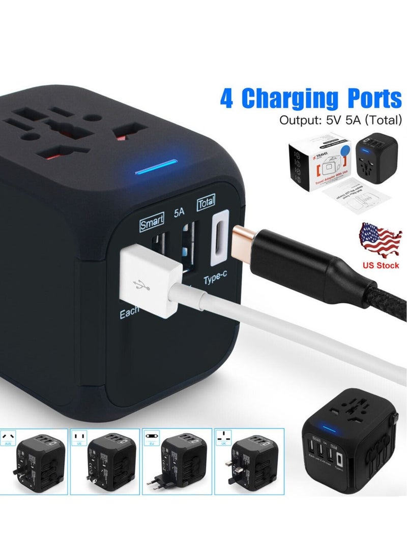 Universal International Travel Power Adapter with 3 USB + 1 Type C Charging Ports, European Adapter, Worldwide AC Outlet Plugs Adapters for Europe, UK, US, AU - Image 1