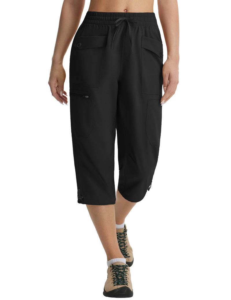 baleaf Womens Capri Pants with 7 Pockets Lightweight Quick Dry Hiking Cargo Pants for Summer Travel Casual Black L - Image 2